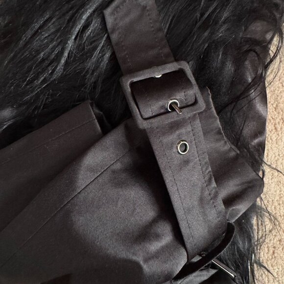 Bebe Black Trench Coat Real Fur Trim Collar Designer Zipper Belt Size XS - Picture 12 of 14